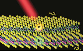 Illustration of a MoS<sub>2</sub>/WS<sub>2</sub> heterostructure with a MoS<sub>2</sub> monolayer lying on top of a WS<sub>2</sub> monolayer. Electrons and holes created by light are shown to separate into different layers.